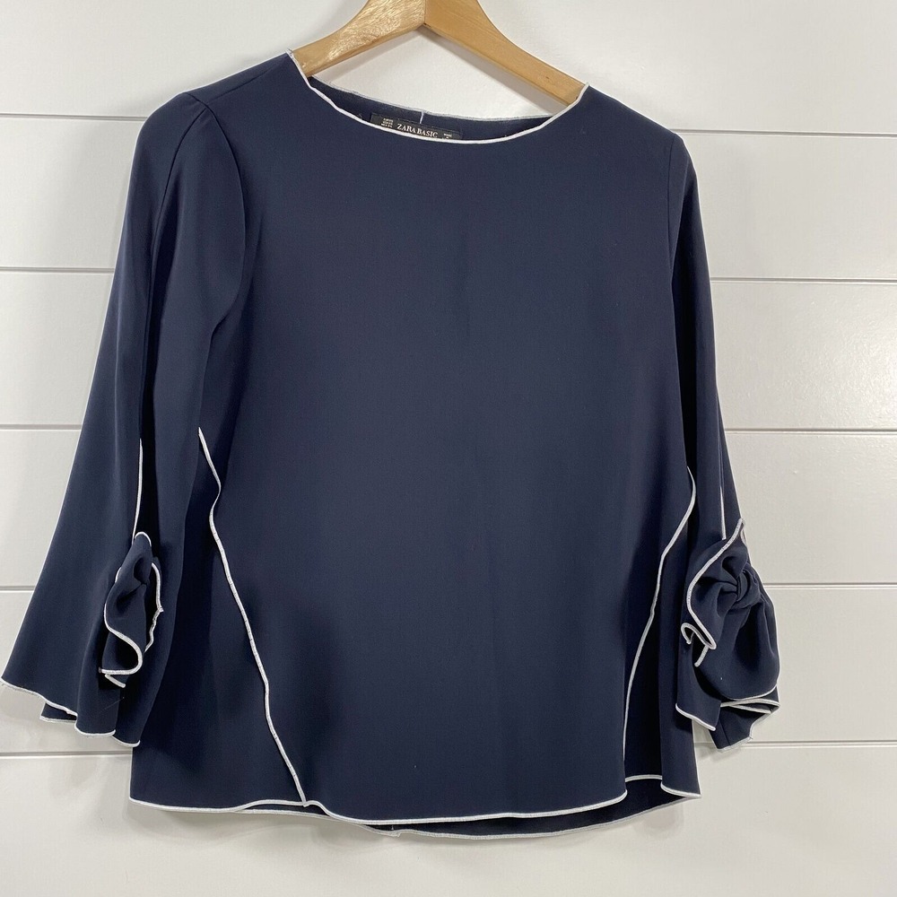 Zara Womens Midnight Blue Blouse w/ Bow Cuffs Contrast Piping size XS Coquette